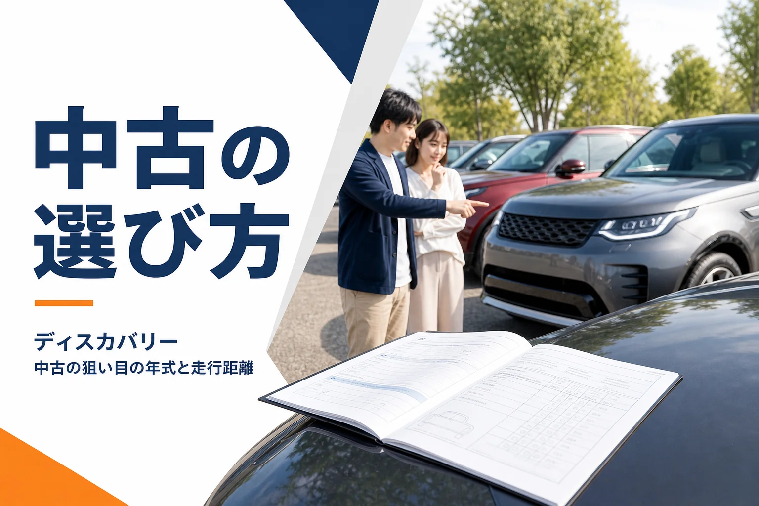 展示場に並んだ高級SUVと、ボンネットに置かれた整備記録簿