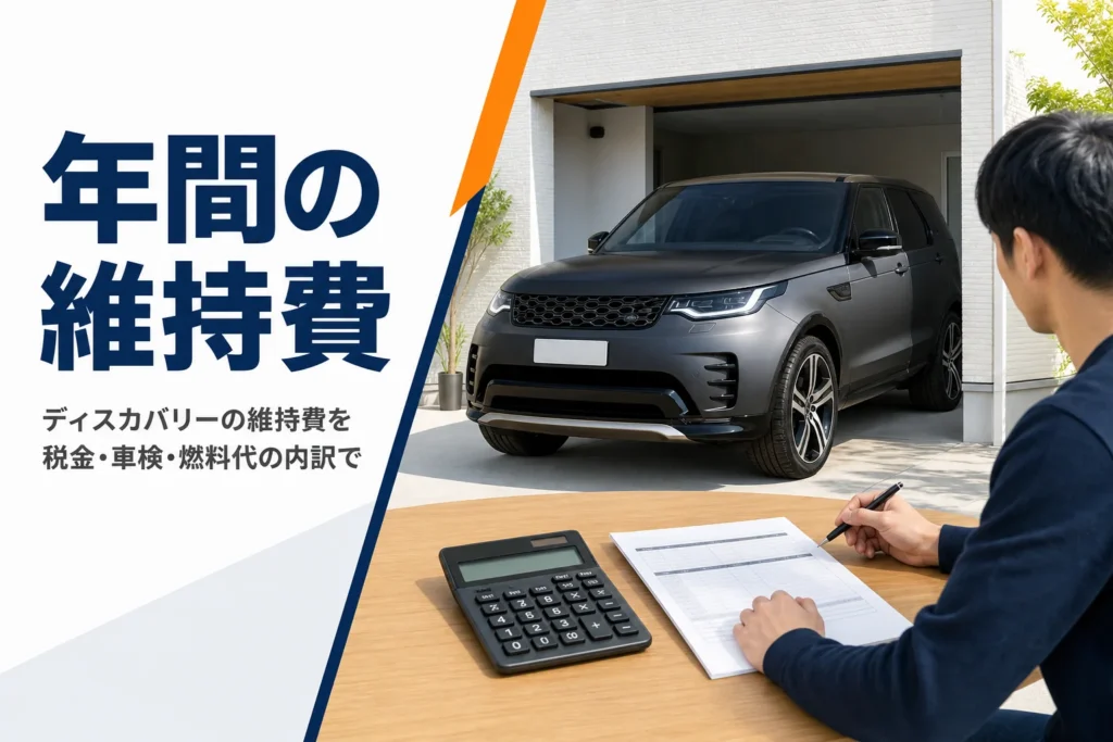 ガレージの大型SUVと、テーブルに置かれた電卓と明細書