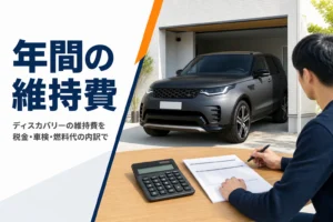 ガレージの大型SUVと、テーブルに置かれた電卓と明細書