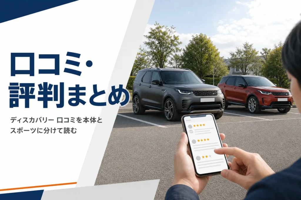 大小2台の高級SUVと、スマートフォンでレビューを読む手元