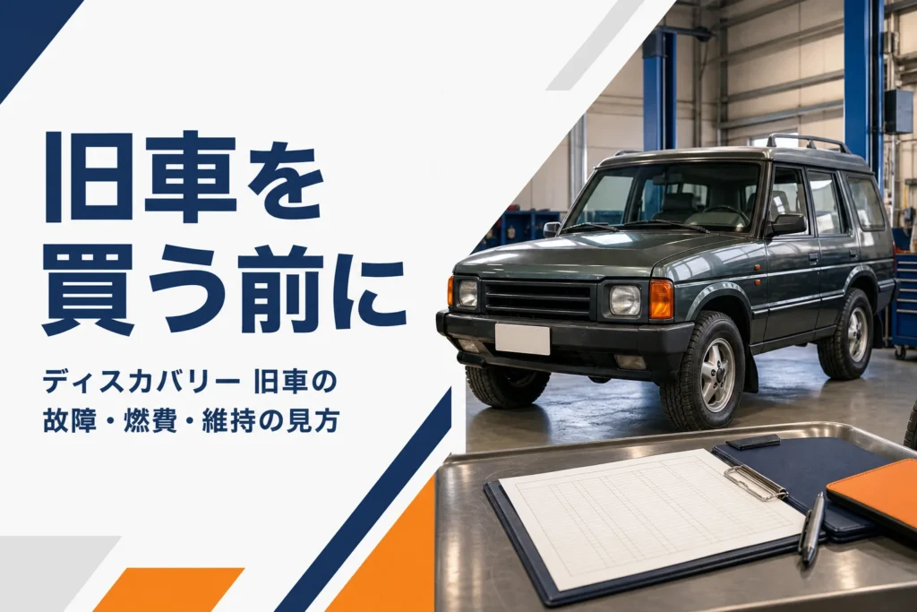 整備工場に置かれた古い大型SUVと整備記録簿