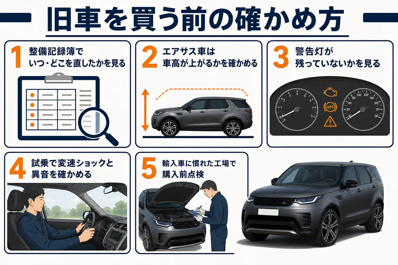 旧車と現行5代目の中古を比べるチェックポイントの図解