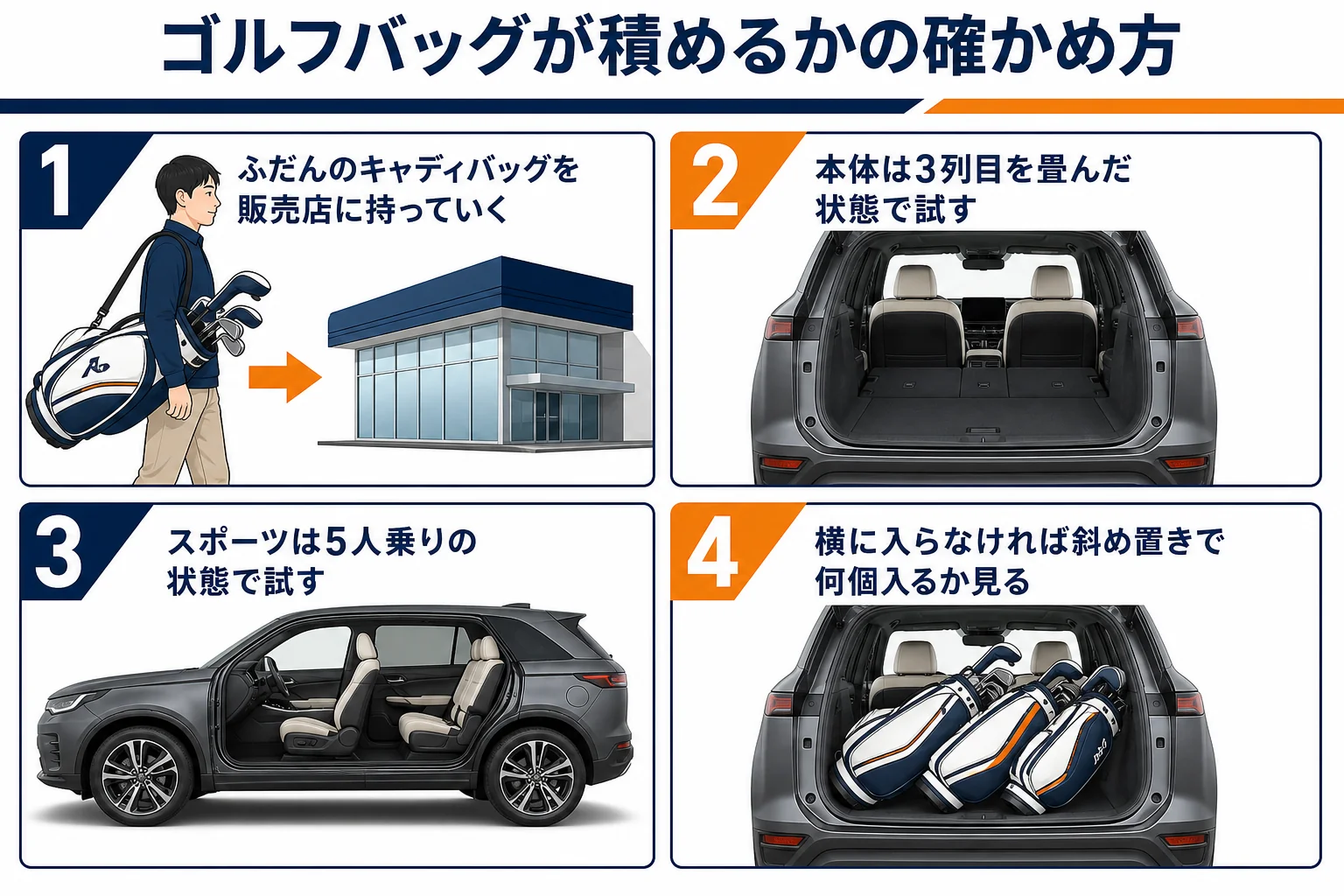 ゴルフバッグを荷室に横向きで積めるか確かめる手順