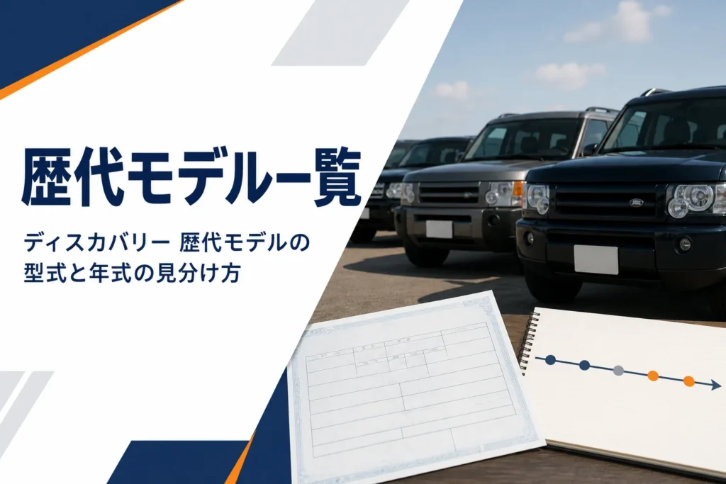 年代の違うSUVが並ぶ様子と車検証